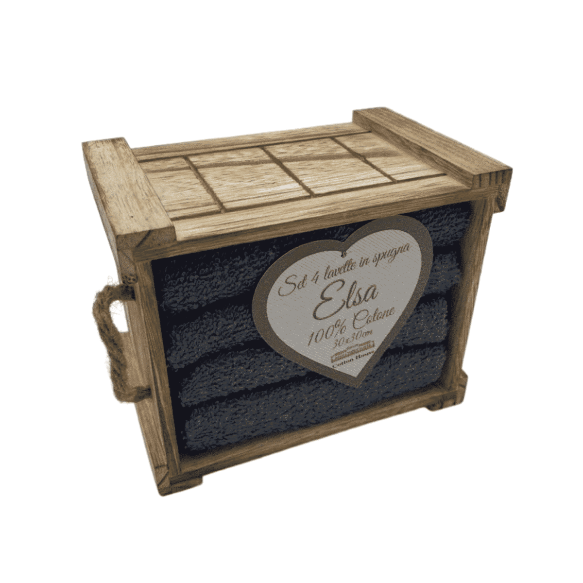 Set-4-lavette-antracite-elsa-spugna-cotone-dentro-box-legno-naturale-con-corda-15x10x12,5cm-30x30cm-tinta-unica