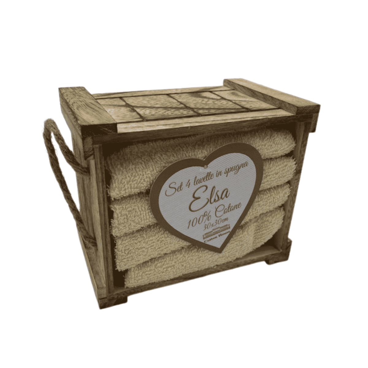 Set-4-lavette-crema-elsa-spugna-cotone-dentro-box-legno-naturale-con-corda-15x10x12,5cm-30x30cm-tinta-unica