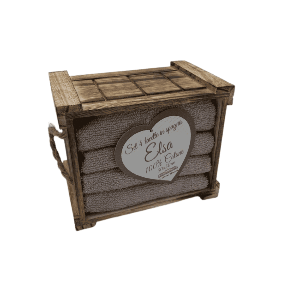 Set-4-lavette-tortora-elsa-spugna-cotone-dentro-box-legno-naturale-con-corda-15x10x12,5cm-30x30cm-tinta-unica