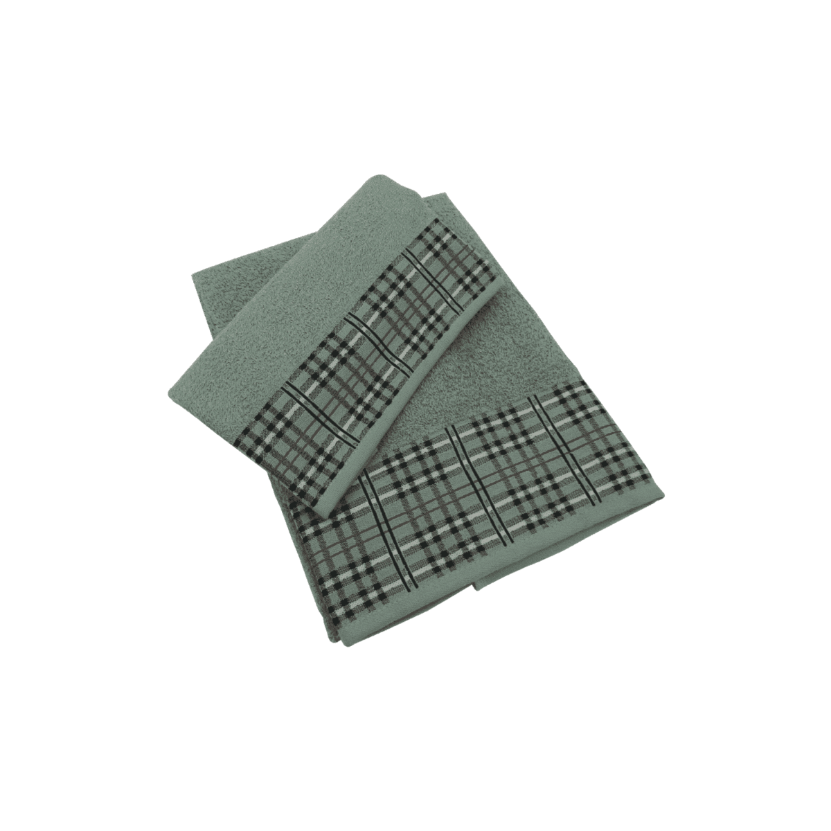 Set-1+1-tartan-verde-spugna-fibra-naturale-cotone-asciugamano-ospite-bidet-made-in-italy-60x100cm-40x60cm