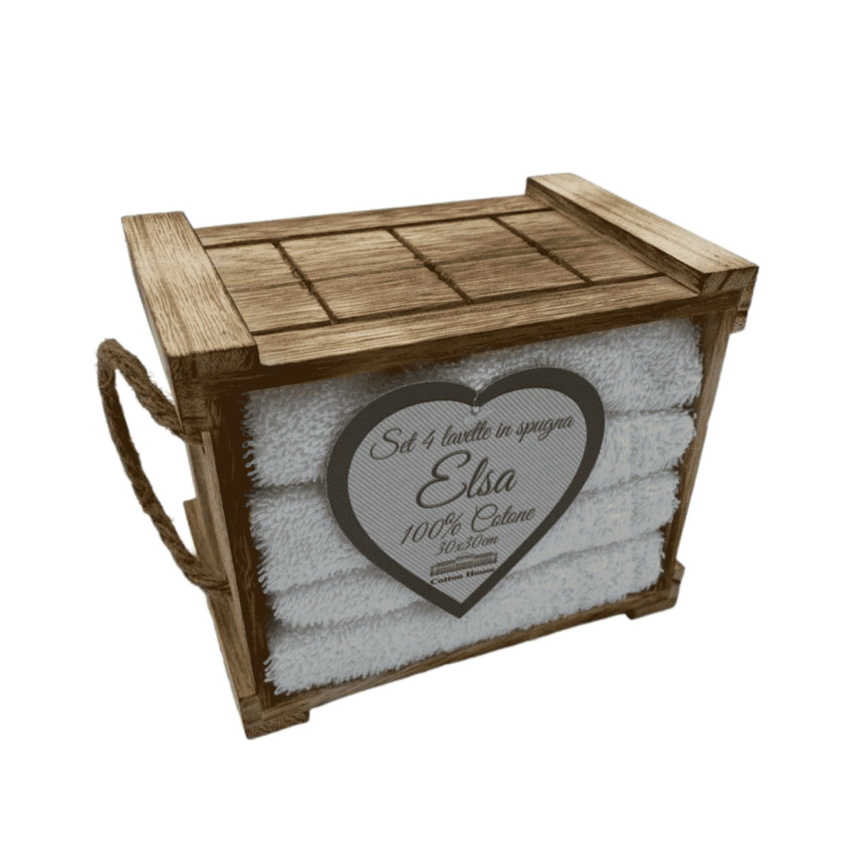 Set-4-lavette-bianco-elsa-spugna-cotone-dentro-box-legno-naturale-con-corda-15x10x12,5cm-30x30cm-tinta-unica