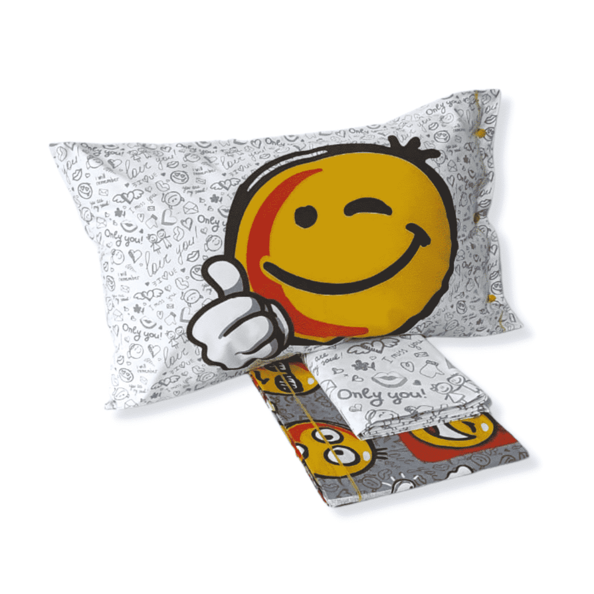 emoticons-completo-lenzuola-puro-cotone-made-in-italy-quadrifoglio-smile-faccine-ok-bianco-giallo-arancione-grigio-giovanile-moderno
