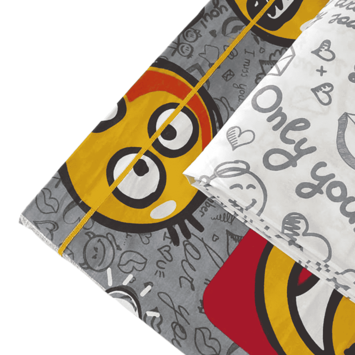 emoticons-completo-lenzuola-puro-cotone-made-in-italy-quadrifoglio-smile-faccine-ok-bianco-giallo-arancione-grigio-giovanile-moderno-dettaglio
