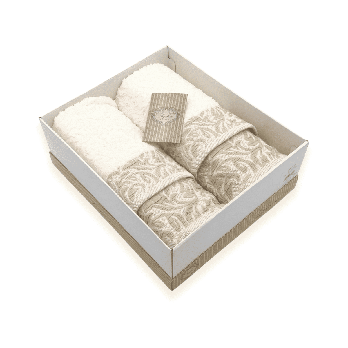 fortune-crema-set-spugna-bagno-2-viso-+-2-bidet-puro-cotone-jacquard-beige-panna-ramage-fiorato-scatola-box-open