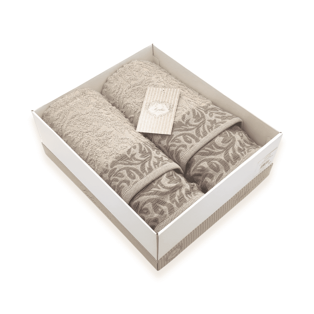 fortune-tortora-set-spugna-bagno-2-viso-+-2-bidet-puro-cotone-jacquard-beige-nocciola-ramage-fiorato-scatola-box-open