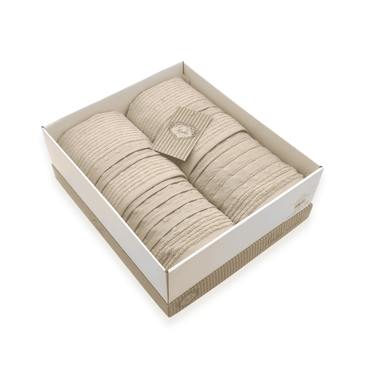 pois-tortora-set-spugna-bagno-2-viso-+-2-bidet-puro-cotone-jacquard-beige-pallini-geometrico-scatola-box-open