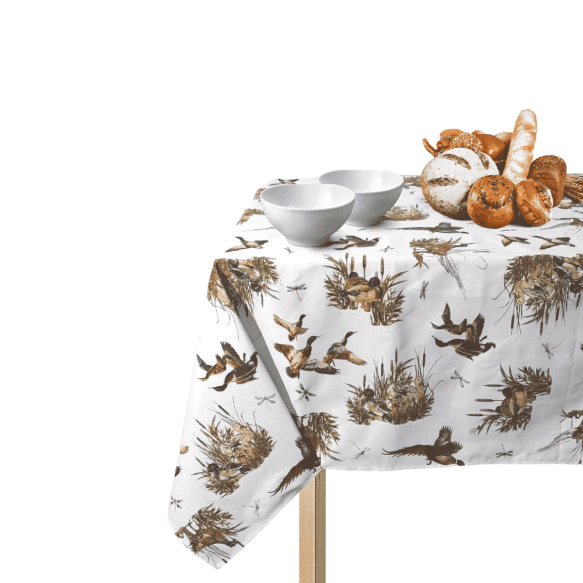 tovaglia-puro-cotone-made-in-italy-stampata-cacciagione-anatre-libellule-bianca-verde-marrone-beige