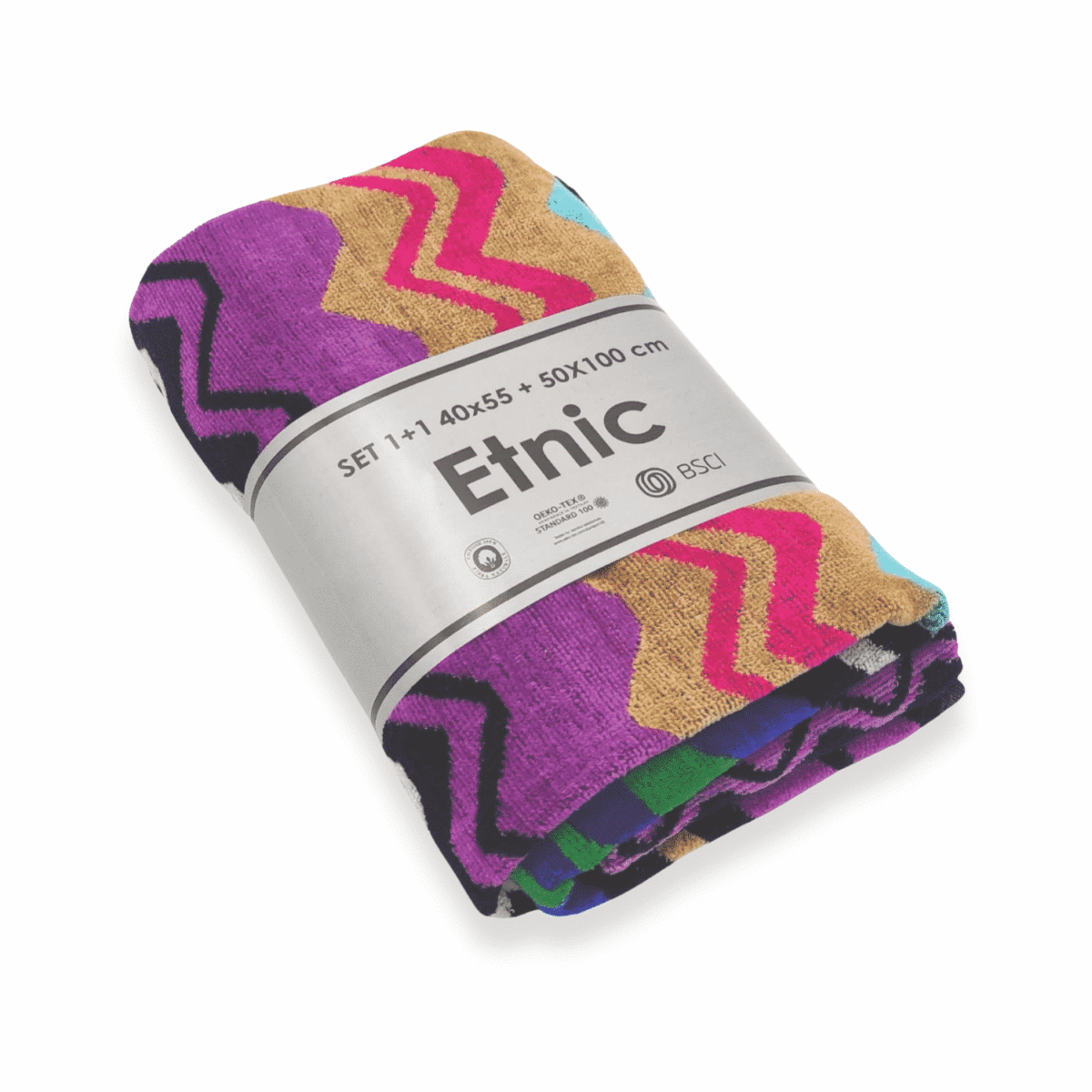 Set 1+1 in Spugna Etnic Zig-Zag Largo Multicolor 100% Cotone Jacquard