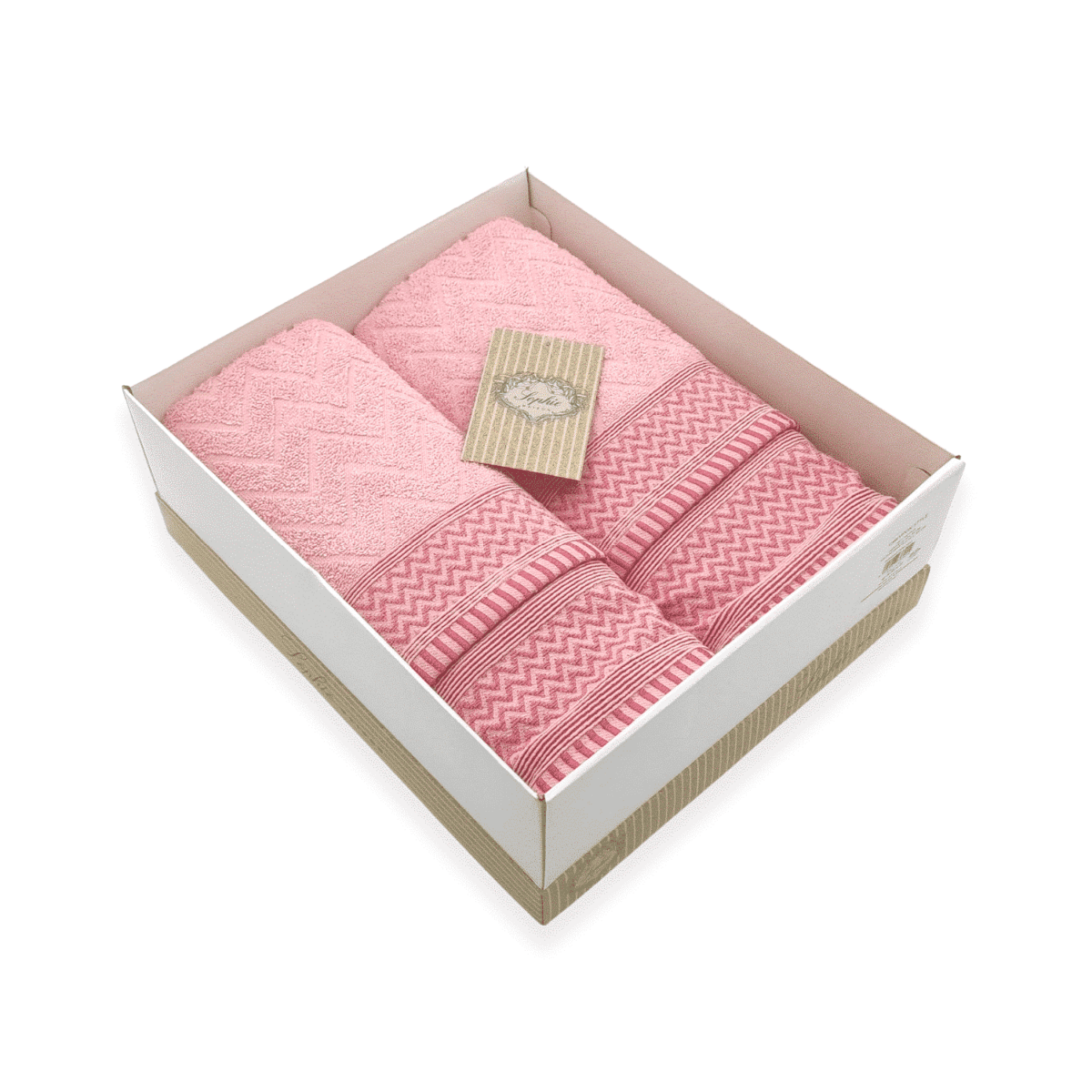 chevron-rosa-set-spugna-bagno-2-viso-+-2-bidet-puro-cotone-jacquard-cipria-fuxia-zigzag-geometrico-scatola-box-open