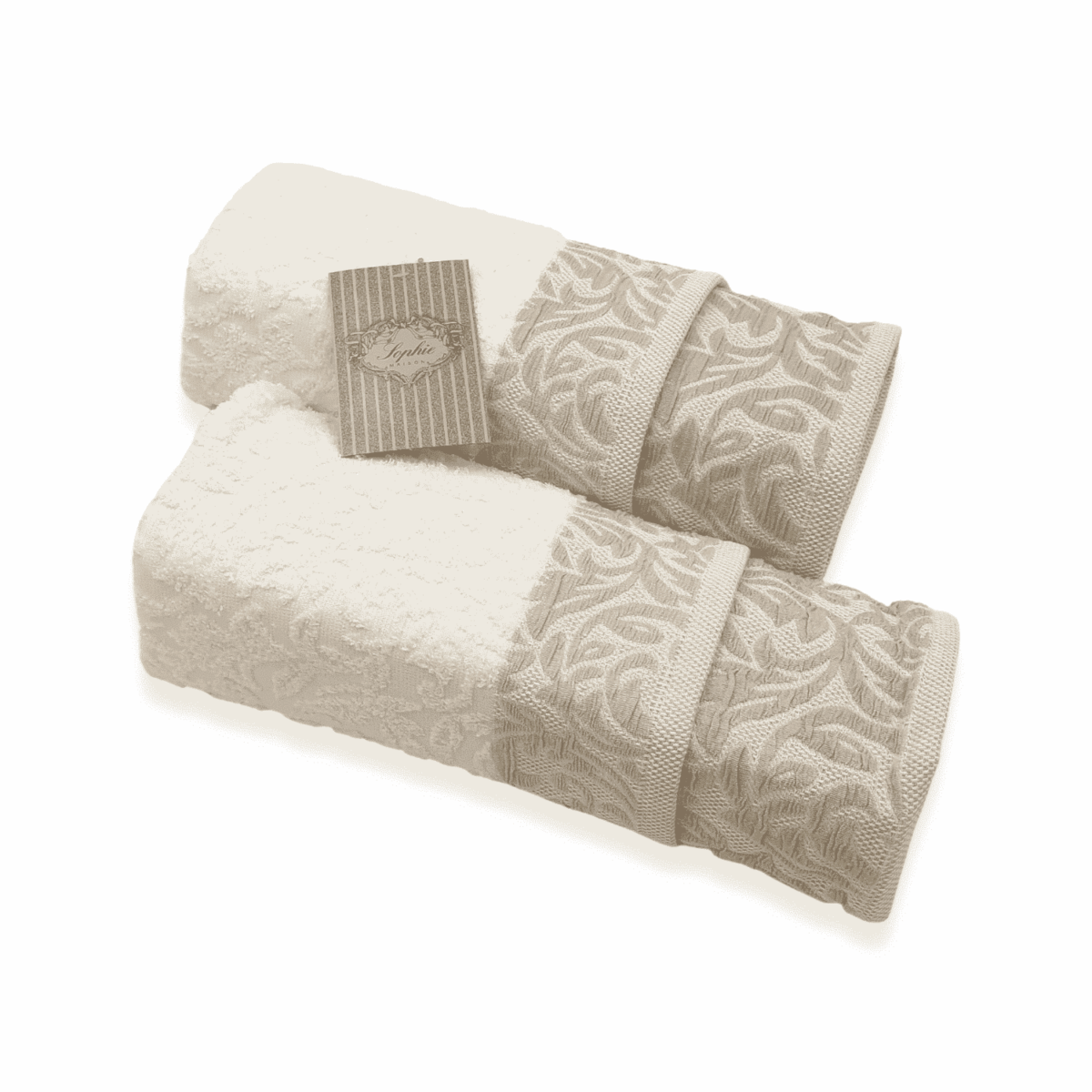 fortune-crema-set-spugna-bagno-2-viso-+-2-bidet-puro-cotone-jacquard-beige-panna-ramage-fiorato-scatola