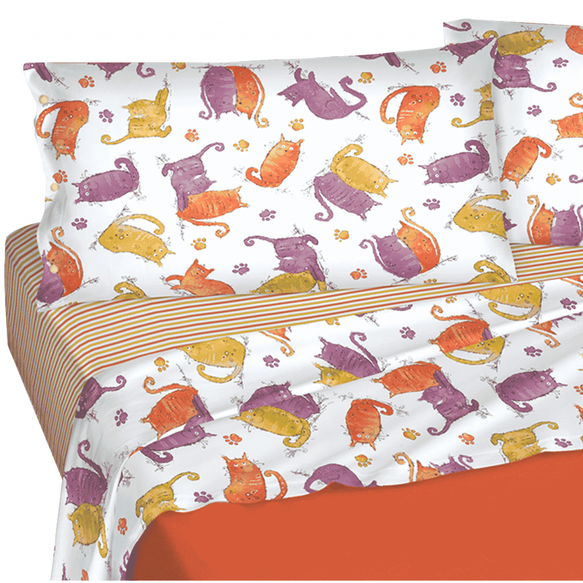 gattoni-arancio-completo-lenzuolo-matrimoniale-dolcenotte-gatti-arancione-prugna-simpatico-vivace