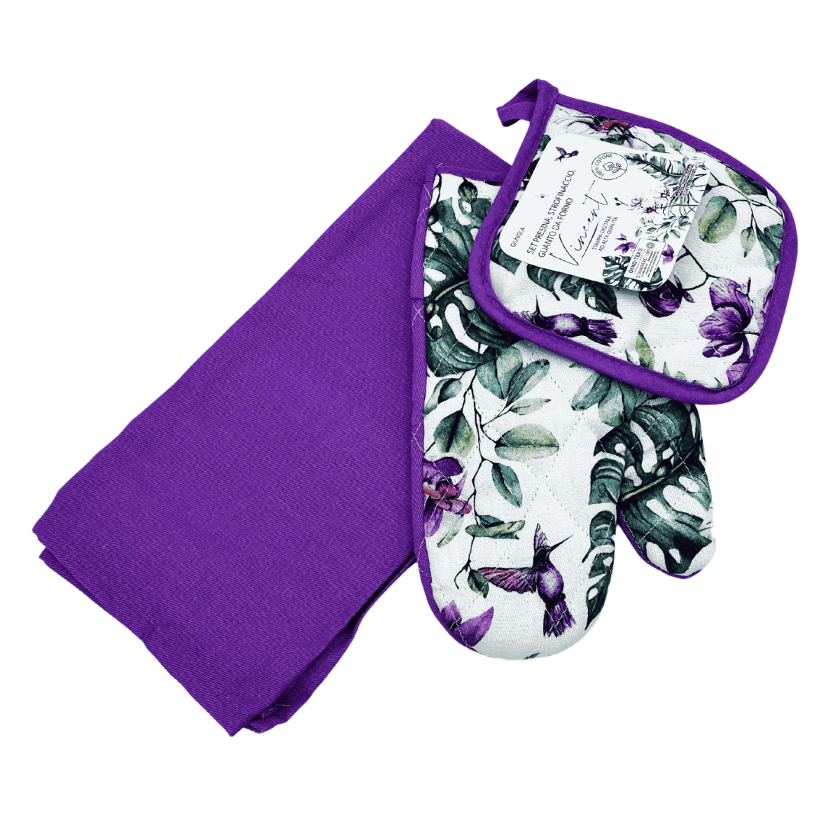 Set-presina-strofinaccio-guanto-forno-vincent-stampa-digitale-100-cotone-17x17-70x48-27x17-fiori-giungla-colibri-oekotex
