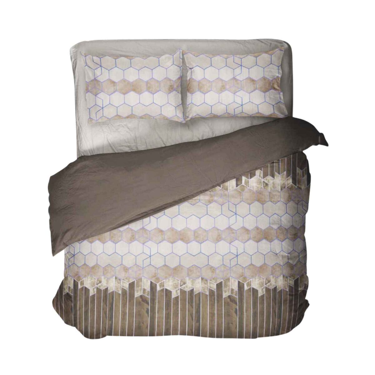 beatrix-bruno-copripiumino-puro-cotone-novia-geometrico-sfumato-marrone-tortora-beige-petrolio-esagoni-nido-ape-alveare