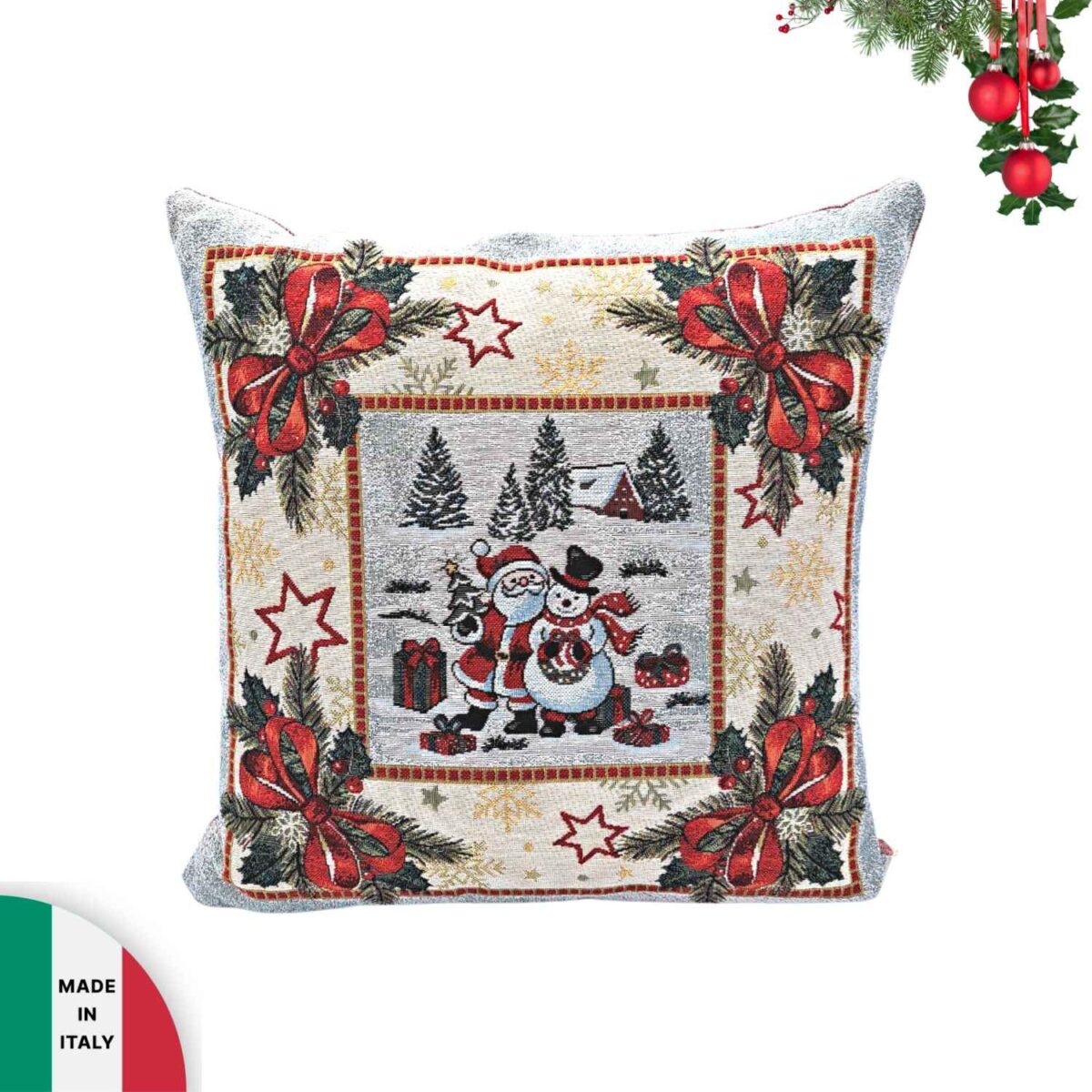 santa-snowman-cuscino-arredo-imbottito-jacquard-gobelin-45-x-45-natale-natalizio-rosso-bianco-beige-stelle-babbo-natale-pupazzo-di-neve