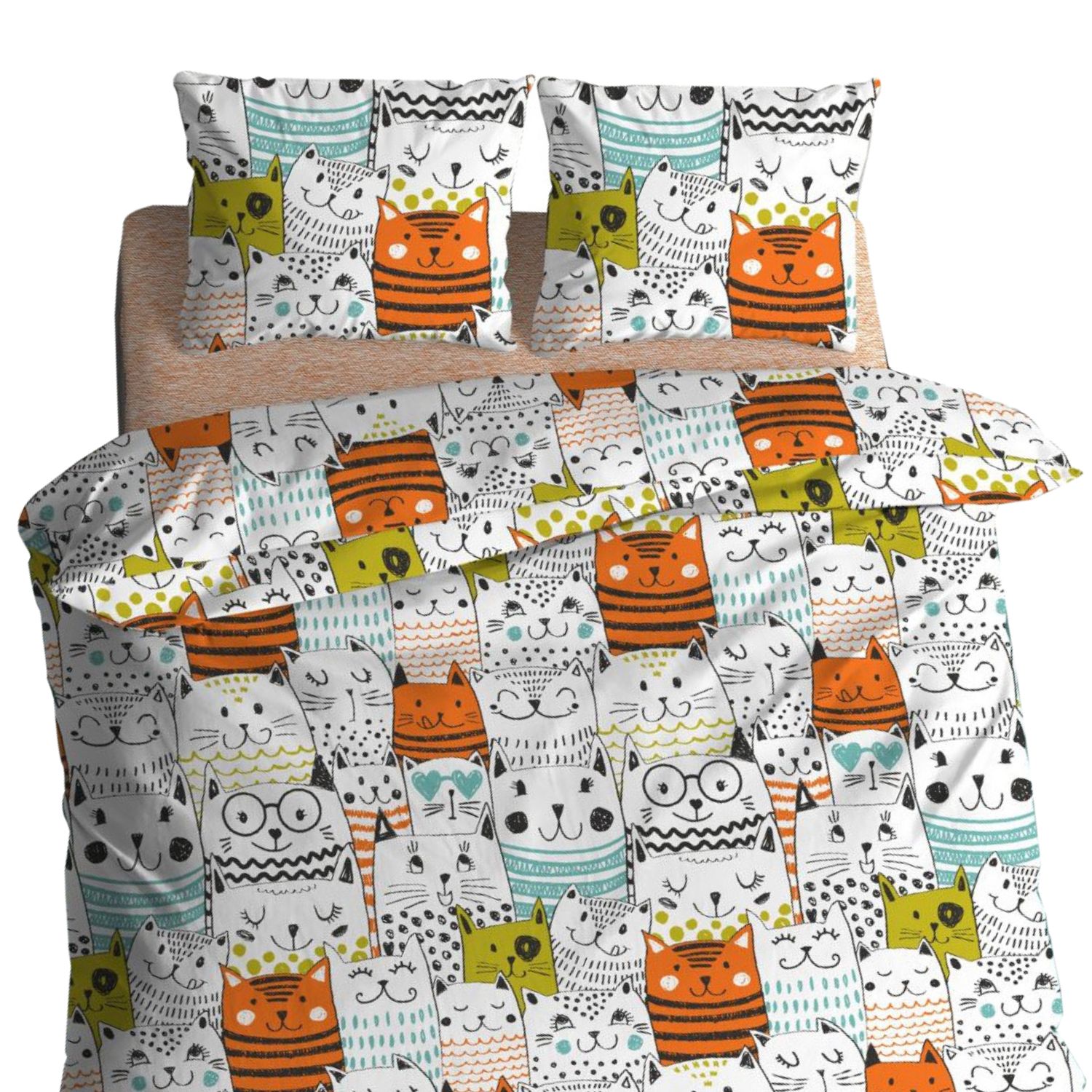 copripiumino-gatti-puro-cotone-quadrifoglio-gattini-multicolor-bianco-arancio-nero-verde-pattern-dettaglio