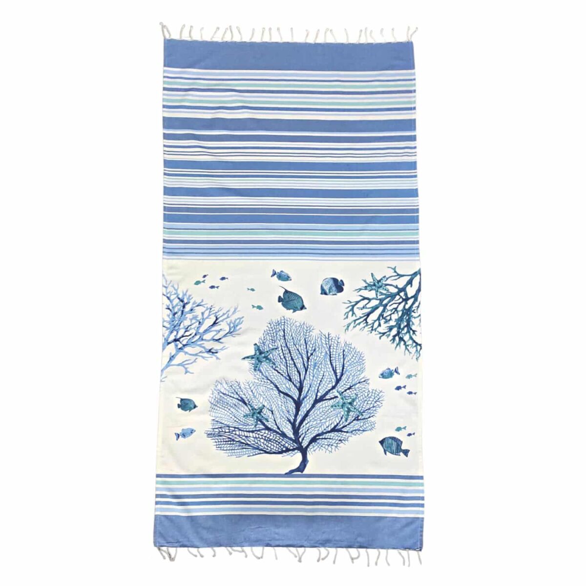 telo-mare-fouta-corallo-blu-frange-100-cotone-artigianale-aperto