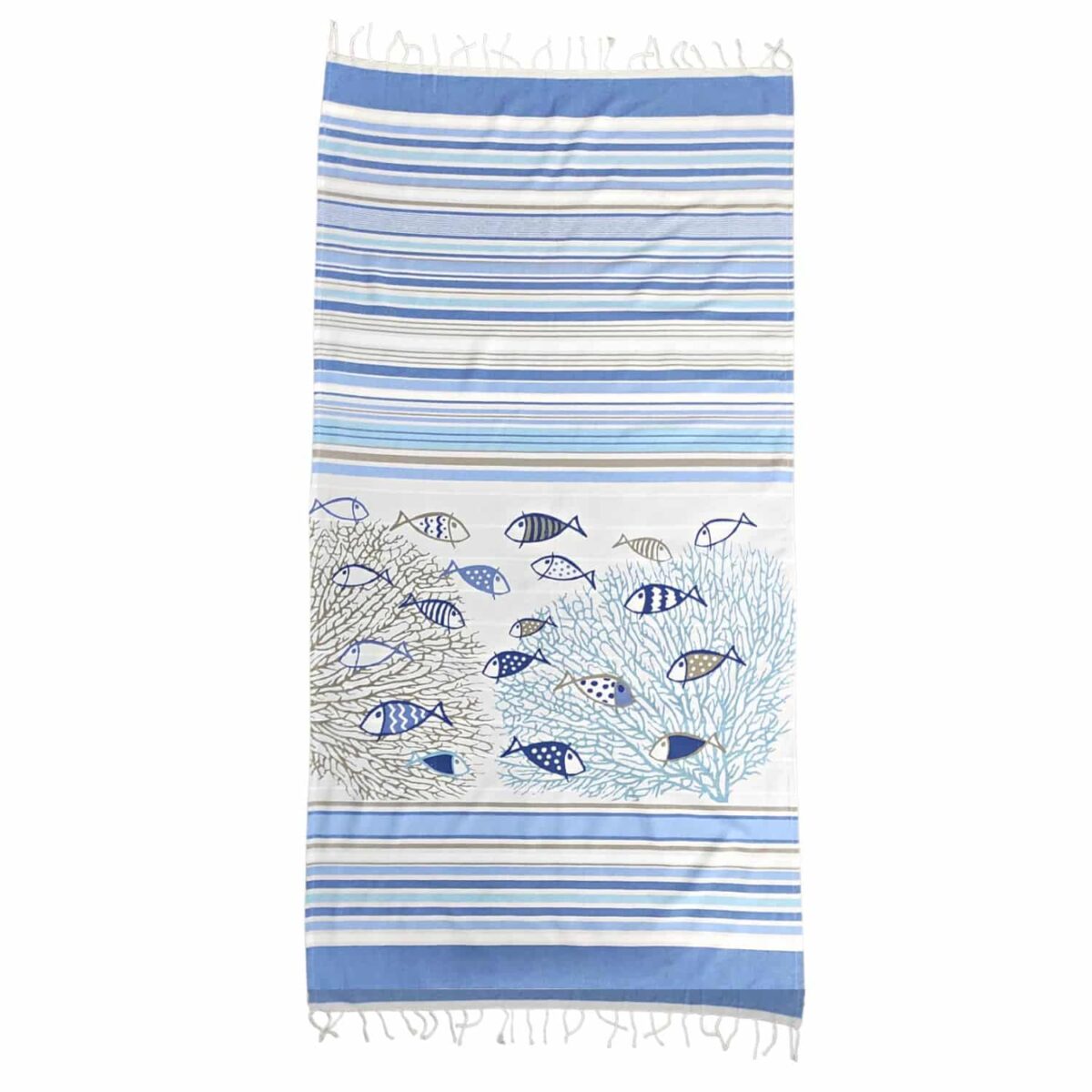 Telo Mare Fouta Pescetti Blu 100% Cotone Con Frange Annodate A Mano