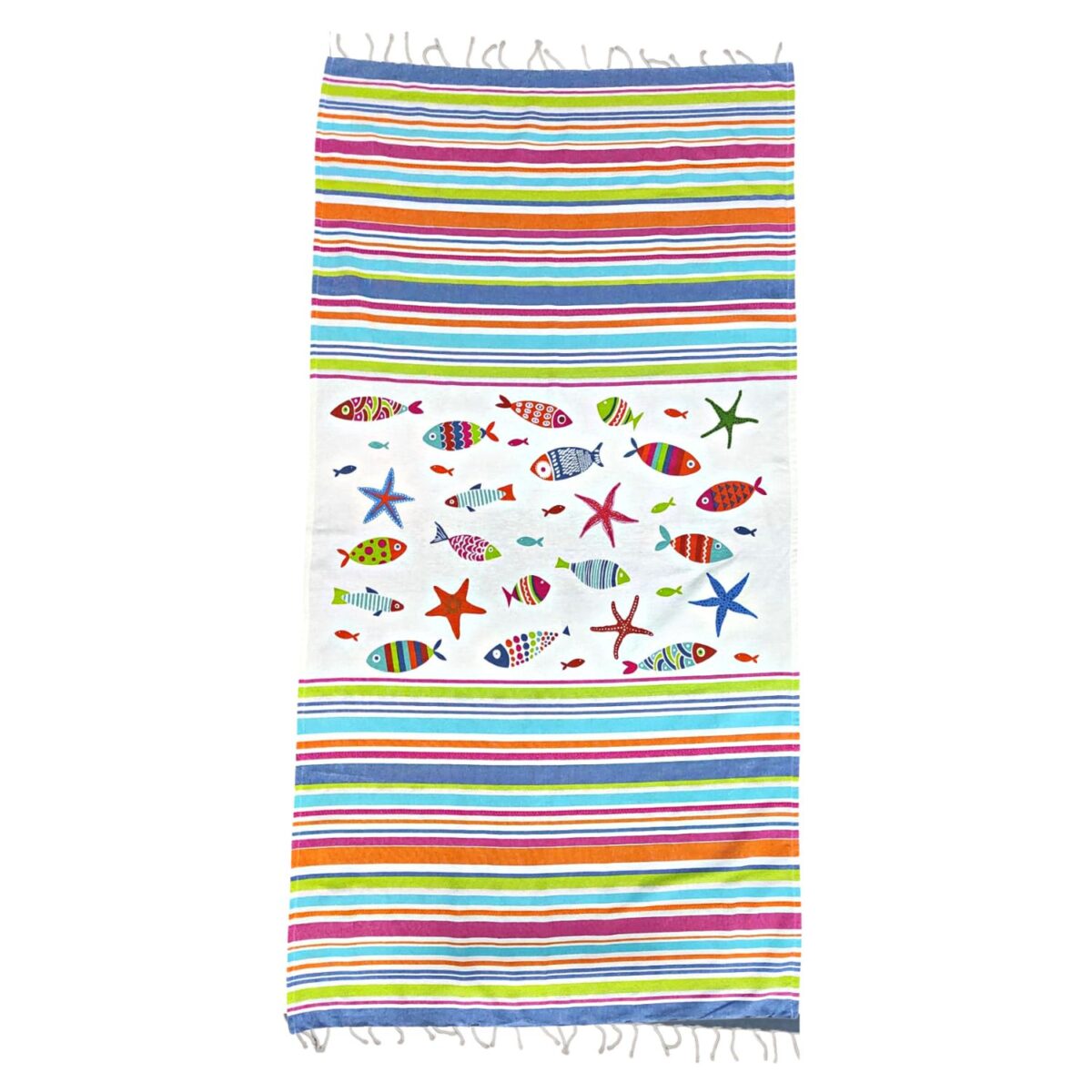 telo-mare-fouta-pescetti-colorati-frange-100-cotone-artigianale-aperto
