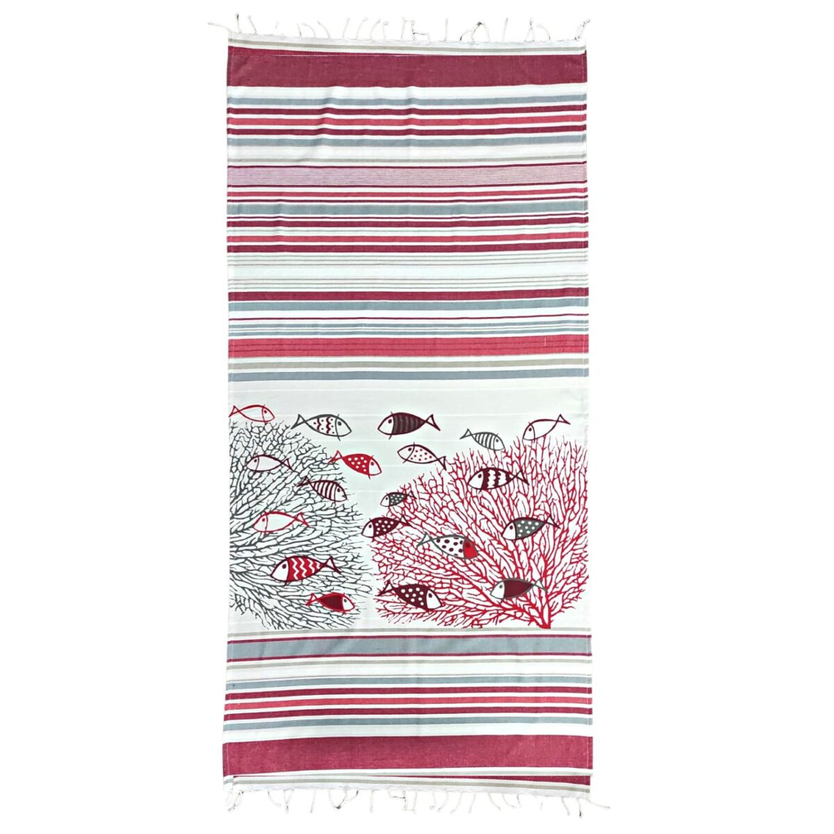 telo-mare-fouta-pescetti-rossi-frange-100-cotone-artigianale-aperto