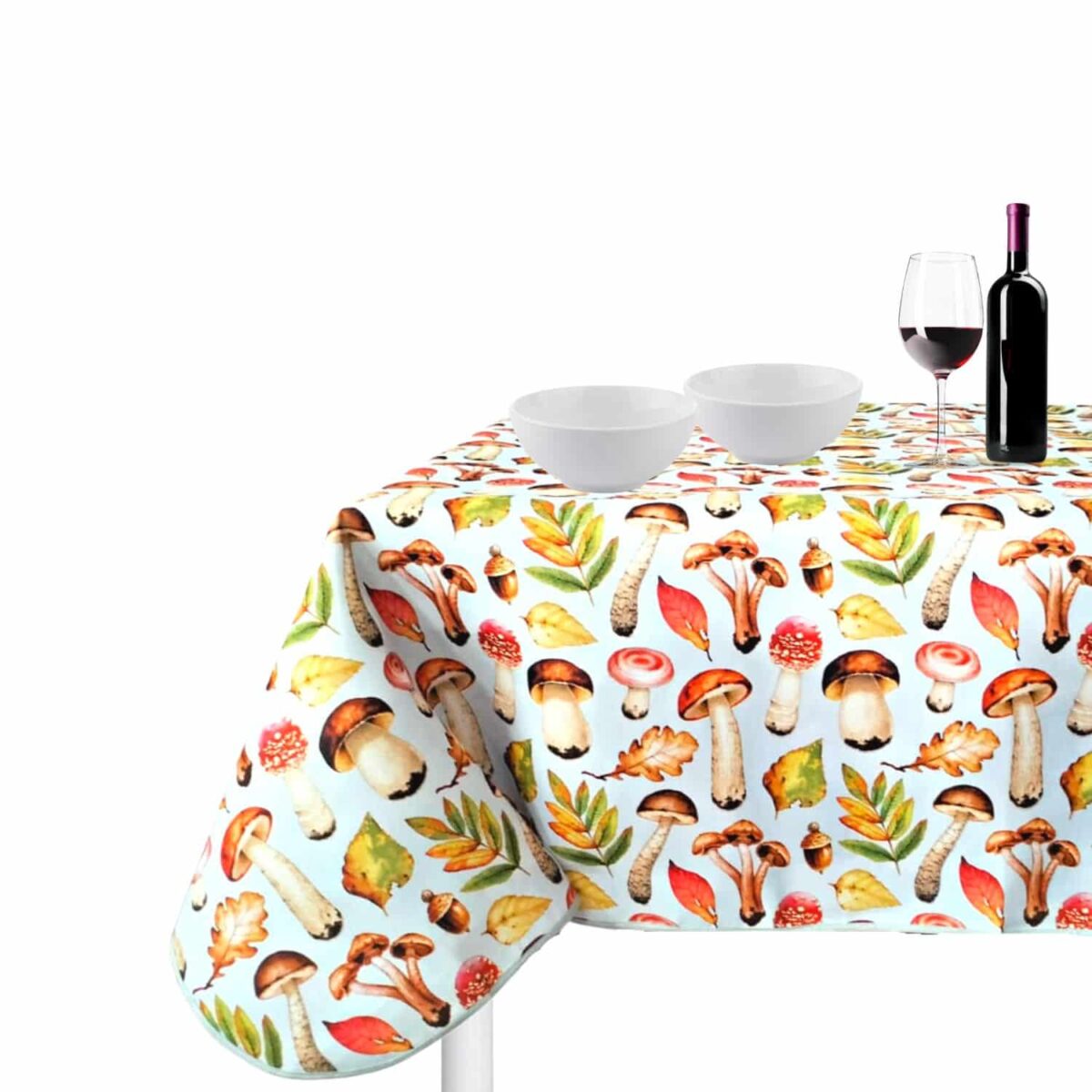 funghi-tovaglia-antimacchia-idrorepellente-multicolore-cucina-azzurro-marrone-verde-autunnale