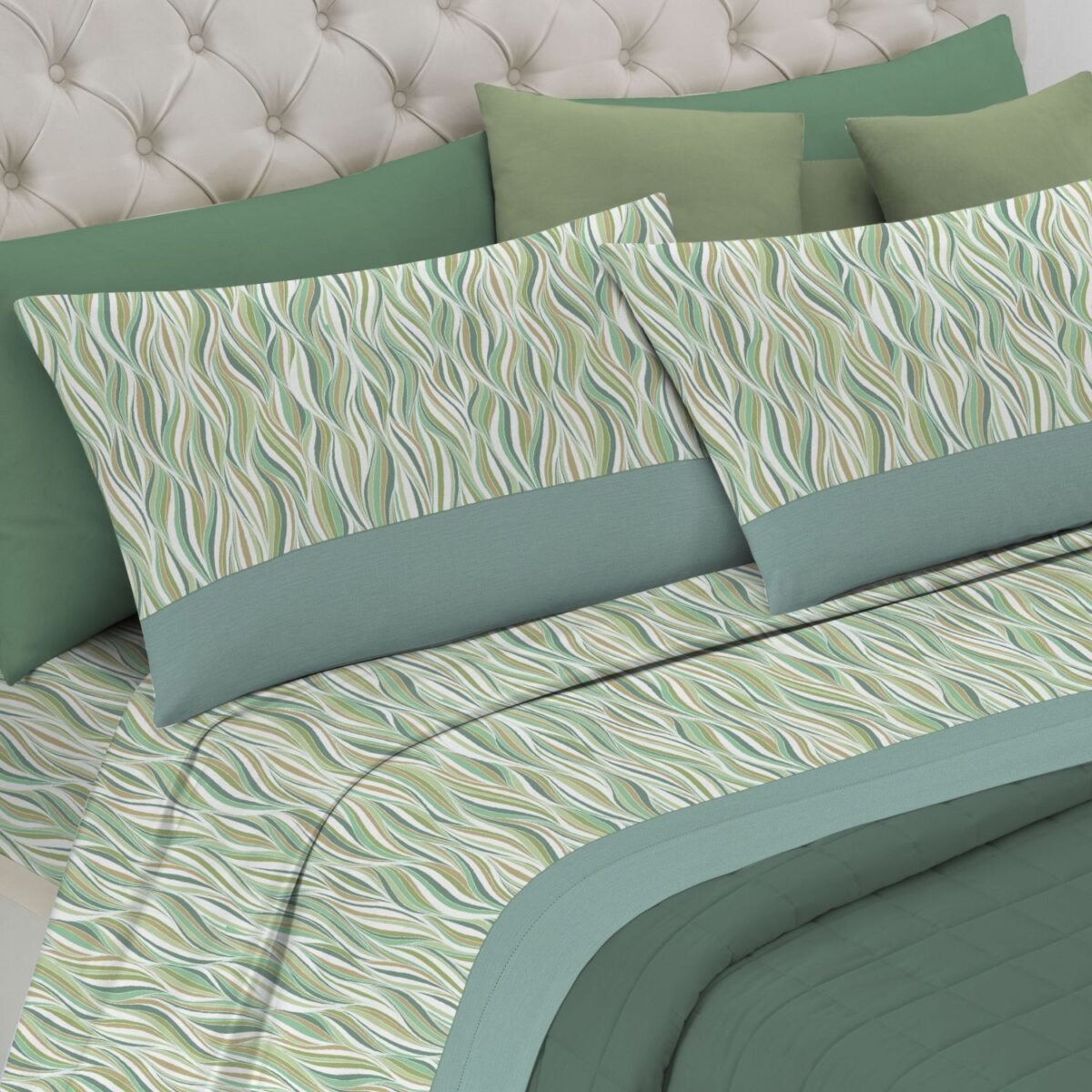 onda-verde-completo-lenzuola-smile-made-in-italy-puro-cotone-bianco-verdino-verdone-moderno-singolo-matrimoniale-piazza-e-mezza