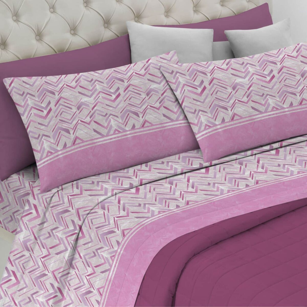 zeno-rosa-completo-lenzuola-smile-made-in-italy-puro-cotone-bianco-fucsia-lilla-geometrico-moderno-singolo-matrimoniale-piazza-e-mezza