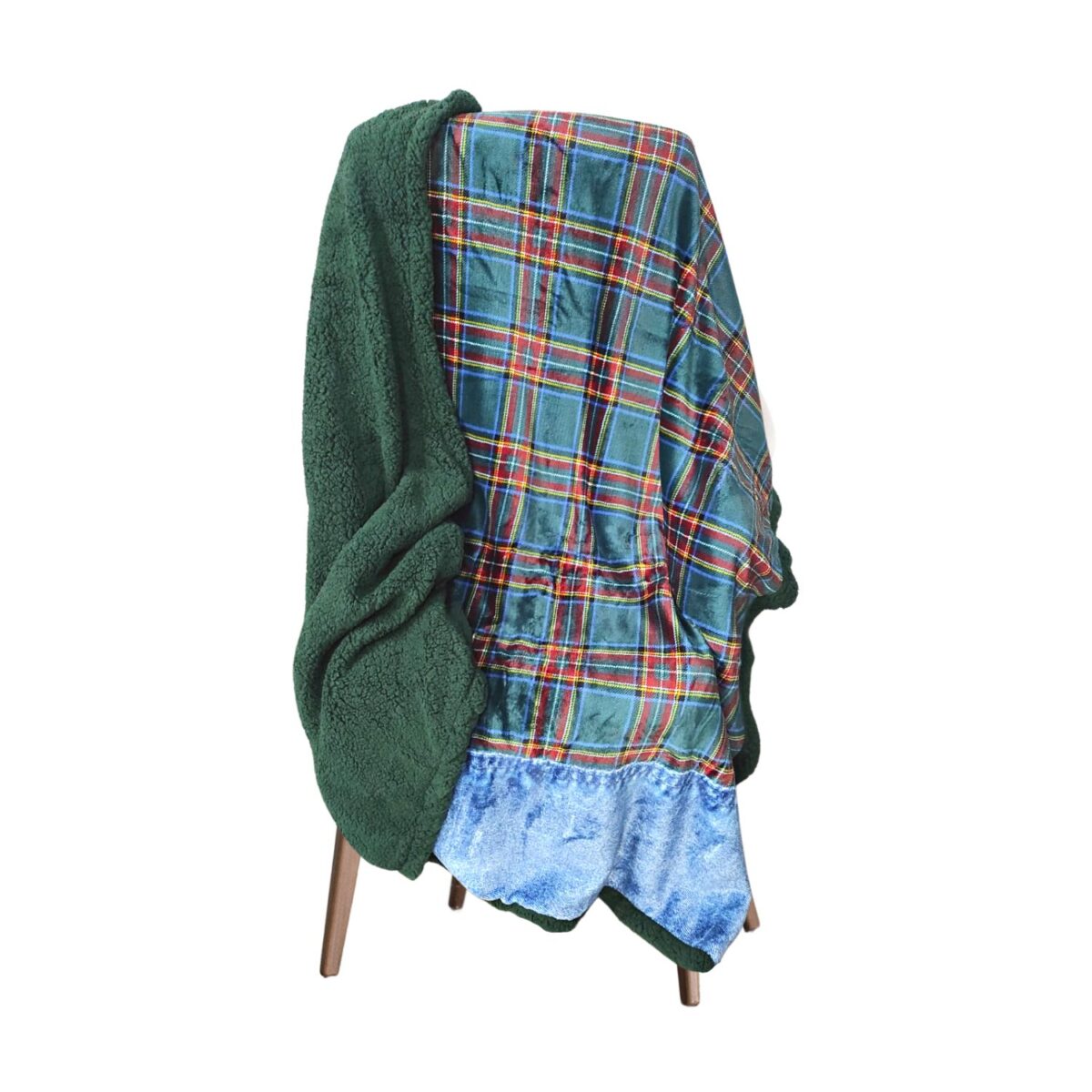 coperta-aspen-verde-scozzese-denim-jeans-sherpa-calda-morbida-invernale-aperta
