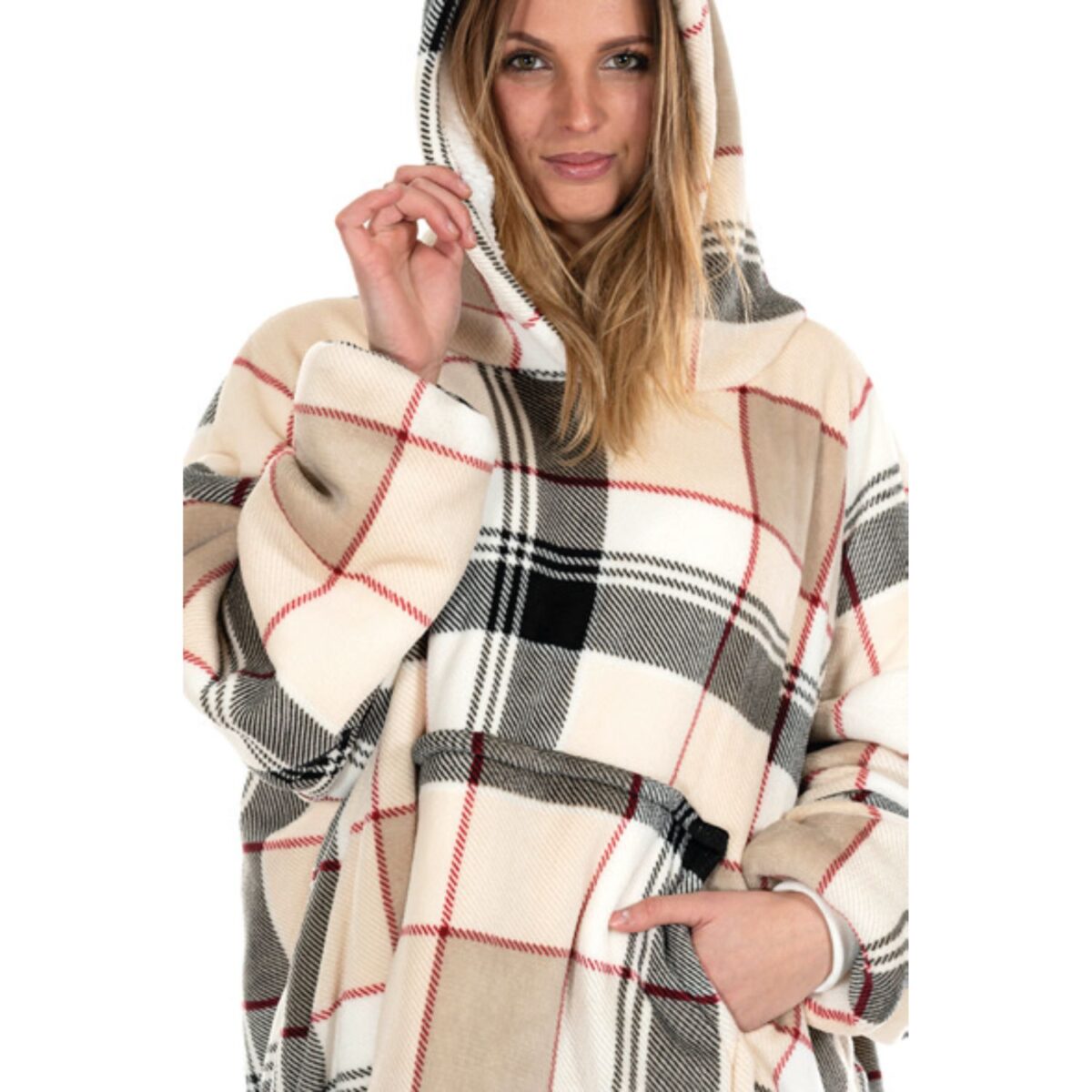 felpone-galway-poncho-scozzese-beige-plaid-pile-sherpa-coperta-plaid-cappuccio-dettaglio