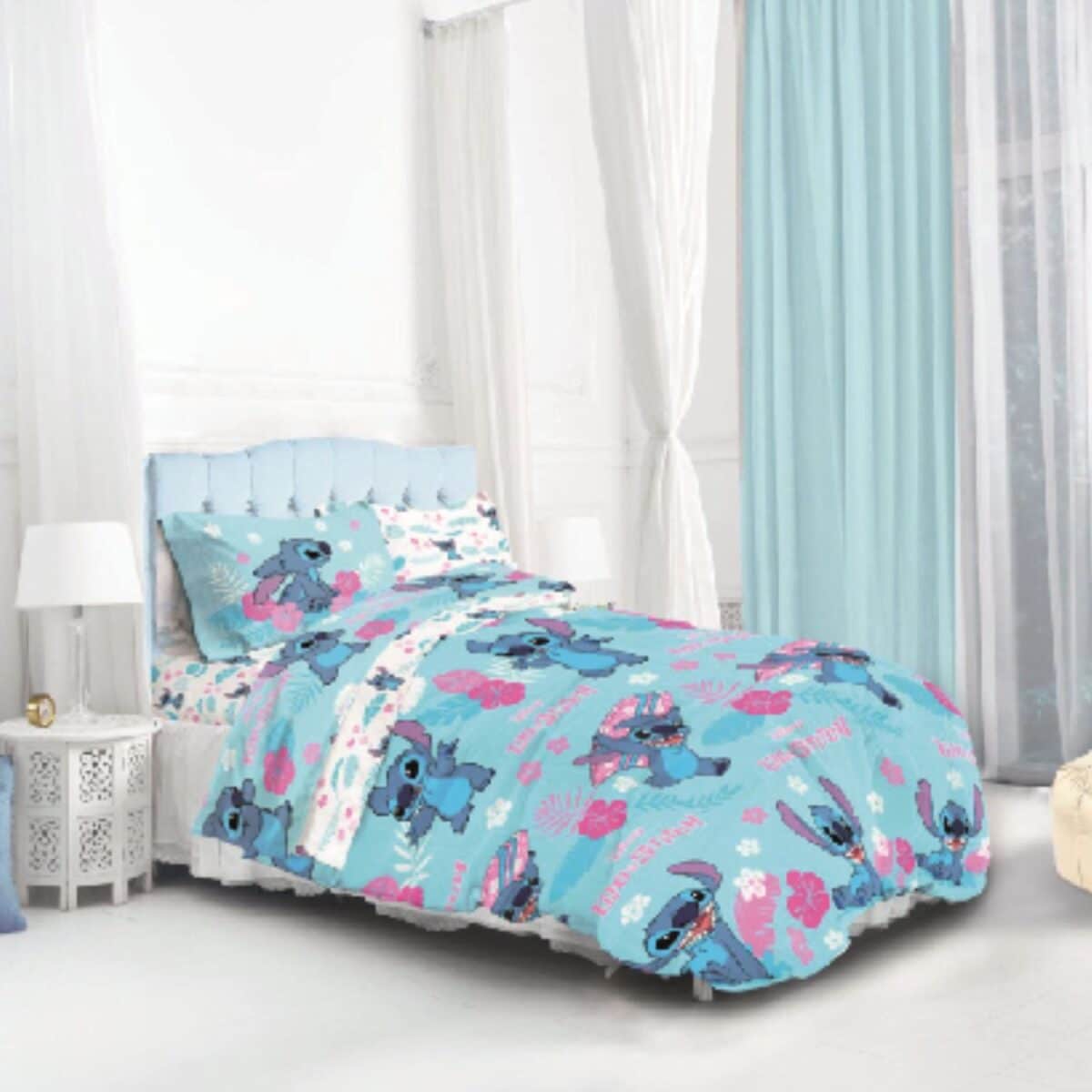 parure-copripiumino-lilo&stitch-rosa-disney-cartone-animato-surf-cotone-fantasia-camera